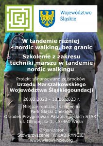 Plakat promujący wydarzenie "W tandemie raźniej - nordic walking, bez granic"