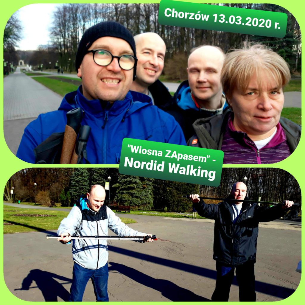 Grafika przedstawia 2 zdjęcia. Zdjęcie 1: 4 uczestników spotkania "Wiosna zapasem" stoi w Parku Śląskim w Chorzowie. Zdjęcie 2: 2 uczestników wykonuje ćwiczenia z kijkami nordic-walking przez wyruszeniem w trasę.