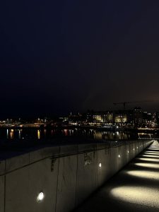 Artystyczne ujęcie nocnej panoramy Oslo. Perspektywę wyznacza marmurowa, pochyła płaszczyzna dachu opery, wzdłuż której ciągną się rytmicznie rozmieszczone, małe lampy rzucające snopy światła. W oddali widać ciemną linię brzegową z rozświetlonymi oknami kamienic i biurowców. Nad miastem góruje żuraw budowlany, a całość spowija głęboki granat nocnego nieba.